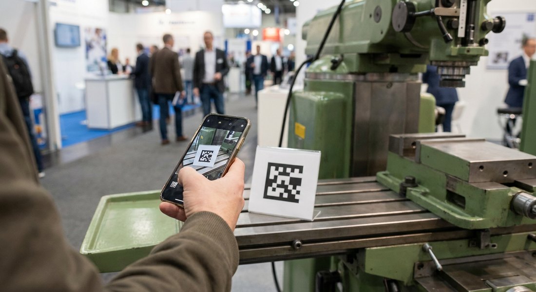 Hand mit Smartphone scannt ein Schild an einer Werkzeugmaschine